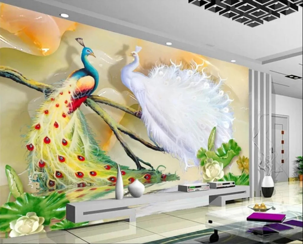 beibehang wall papers home decor Custom Photo Wallpaper Mural Jade Lotus Peacock Wall papel de parede infantil Wall paper