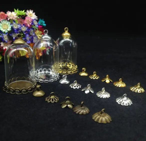 3pcs 30*20mm tube bell glass globe bubble gold DOUBLE LACE tray cap glass vial pendants fashion necklace glass dome cover diy