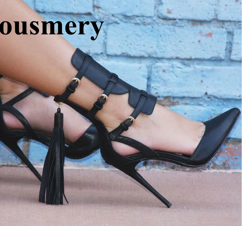 

Women New Fashion Pointed Toe Black Leather Ankle Wrap Pumps Tassels Design Buckle Super High Heels Formal Dress Shoes