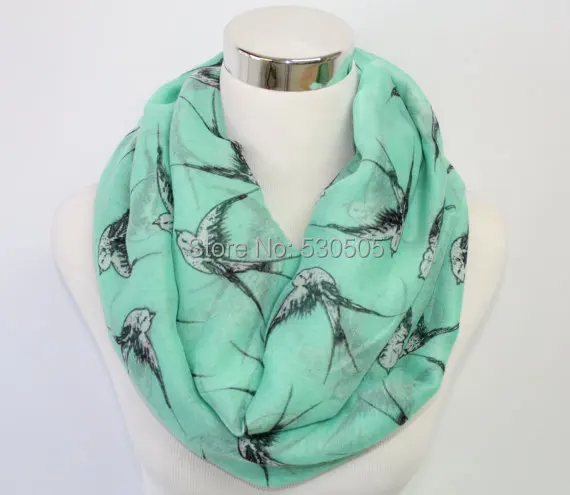 

Swallow Print Infinity Scarf, Bird Scarf, Mint Bird Scarf, Loop Scarf with flying swallows, Big bird prints