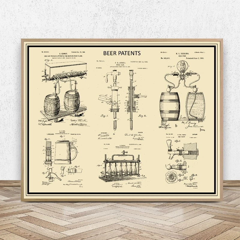 Beer Lover Gift Patent Prints Craft Beer Stein Mug Brewing Wall Art Posters Beer Tap Handle Blueprint Canvas Painting Bar Decor