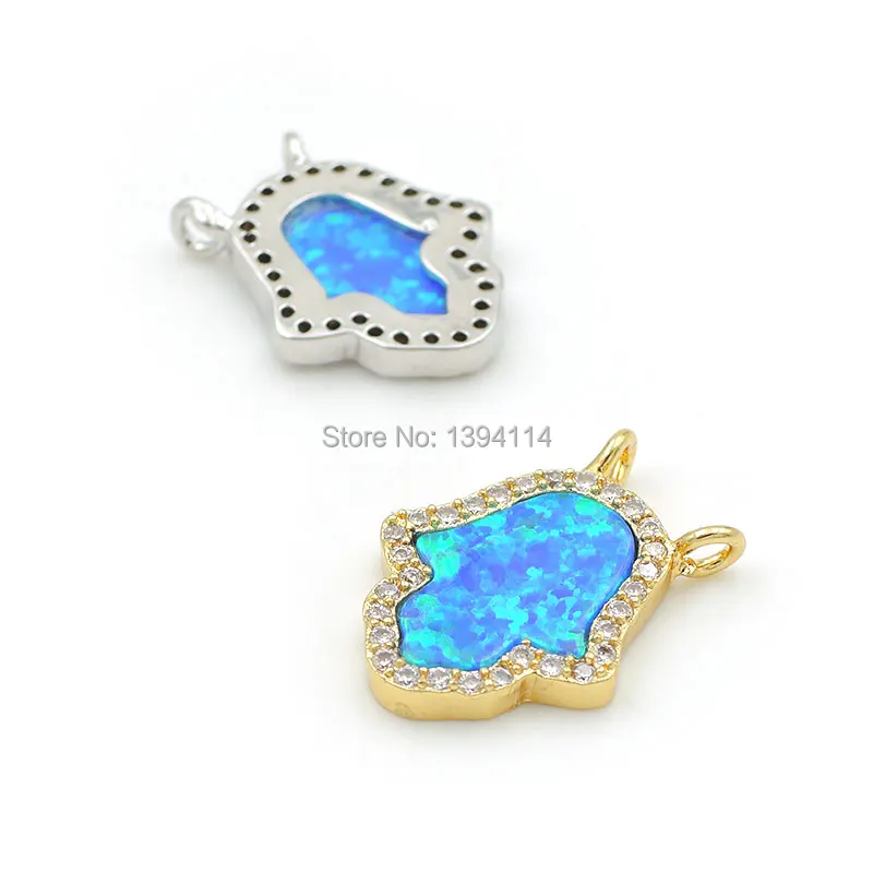 15*12*2mm Micro Pave Clear CZ Blue Opal Palm Base Charm Of Double Circles Fit For Women As Necklaces Accessory