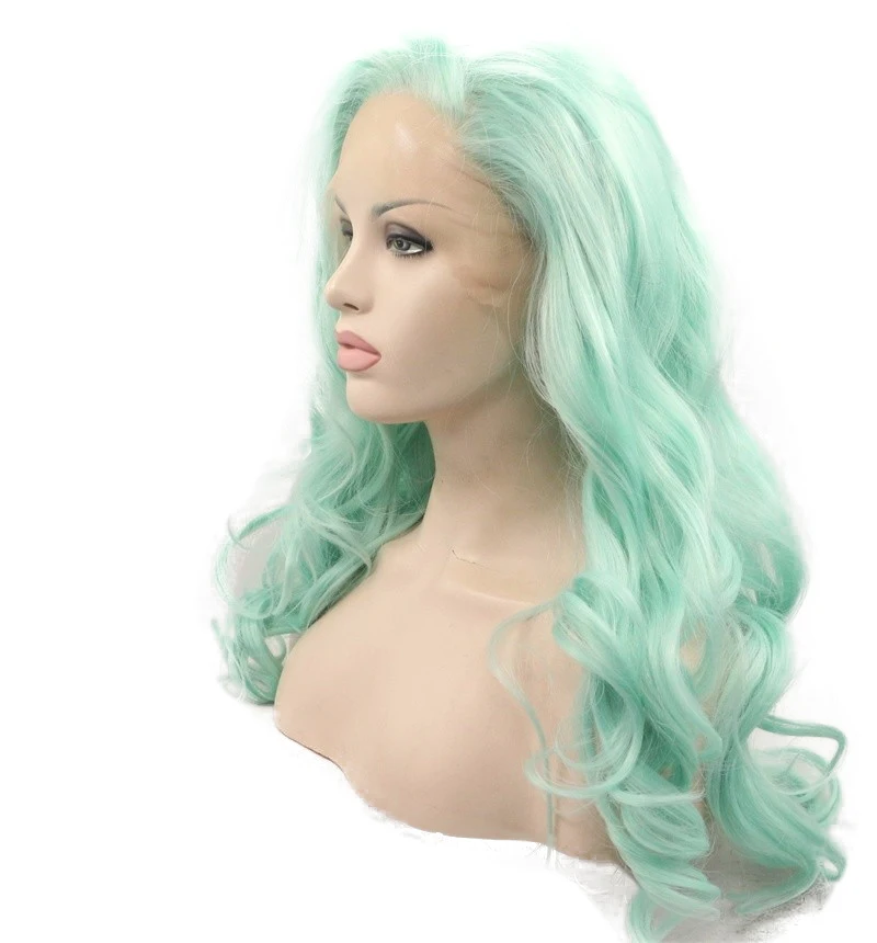 Green Blue Synthetic Lace Front Wig Side Part Glueless Cosplay Lolita Highlight Frontal Body Water Wave Hair For Black Women