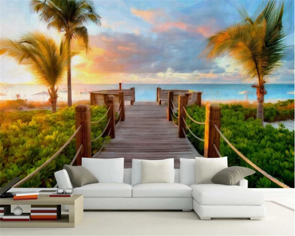 

Custom wallpaper photos Tropical beach coastal coconut tree Wooden bridge landscape background Home decor 3d wallpaper murals