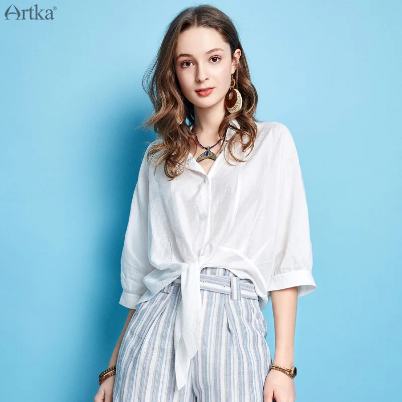 ARTKA 2019 Summer Women White Shirt Fashion Casual Special Design Loose Short Shirt Turn-down Collar Nylon Blouse SA10096C