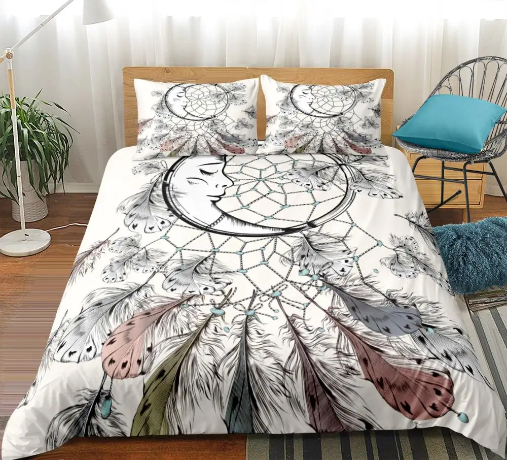 Dream Catcher Bedding Set Bohemia MoonDuvet Cover Set Boho Feather Cream Dreamland 3D Digital Printing Begie