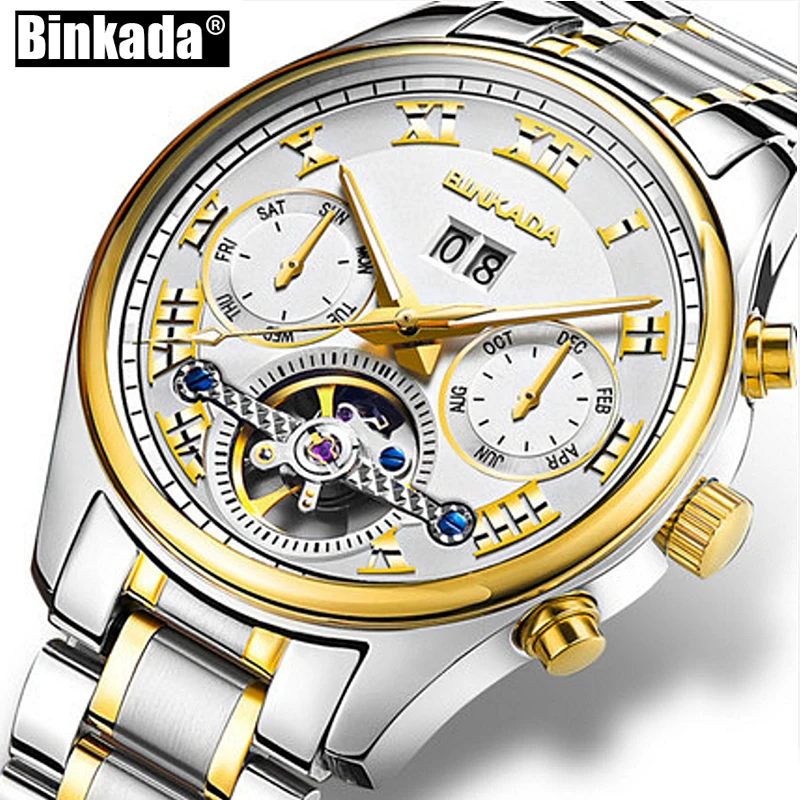 

Original Luxury BINKADA Brand Men Self-wind Waterproof Day Date Month Automatic Mechanical Male Fashion Tourbillon watch