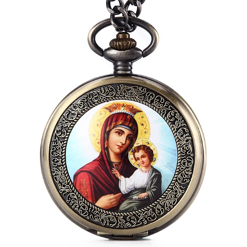 

Romantic Madonna Mary Pocket Fob Watch with Chain Easter Jesus Quartz Pocket Clock For Men Mens Women Christian Relogio De Bolso