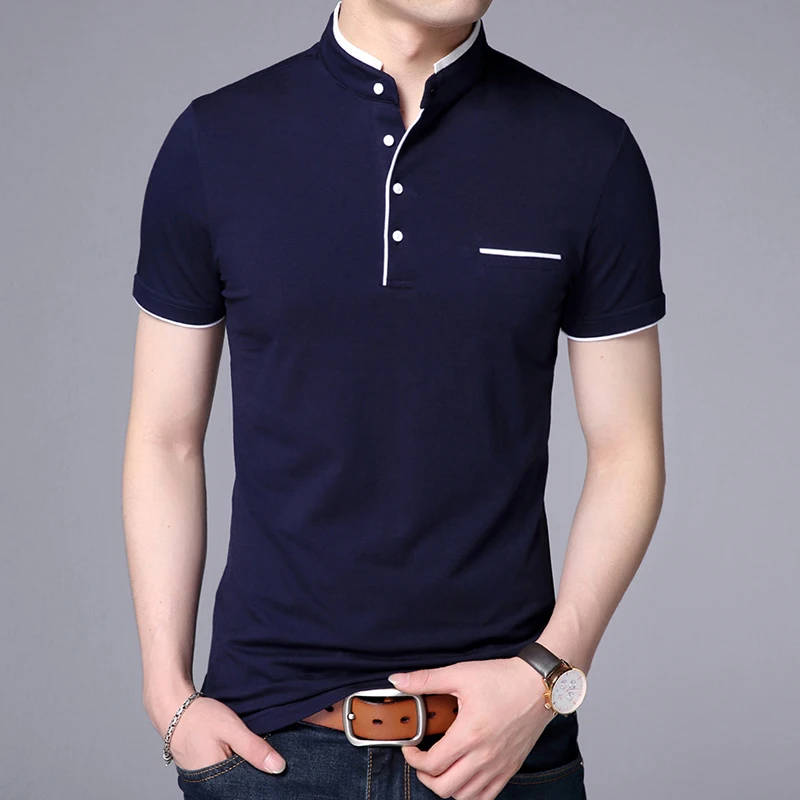 Polo de diseño de marca a la moda para hombre, ropa informal de Color sólido con cuello mandarín, ajustada, de manga corta, 2023