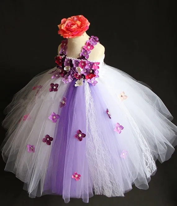 Little Girls Pink Crochet Tutu Dress Kids Fluffy Tulle Wedding Party Dress with Purple Flower Petal Headband Children Long Tutus