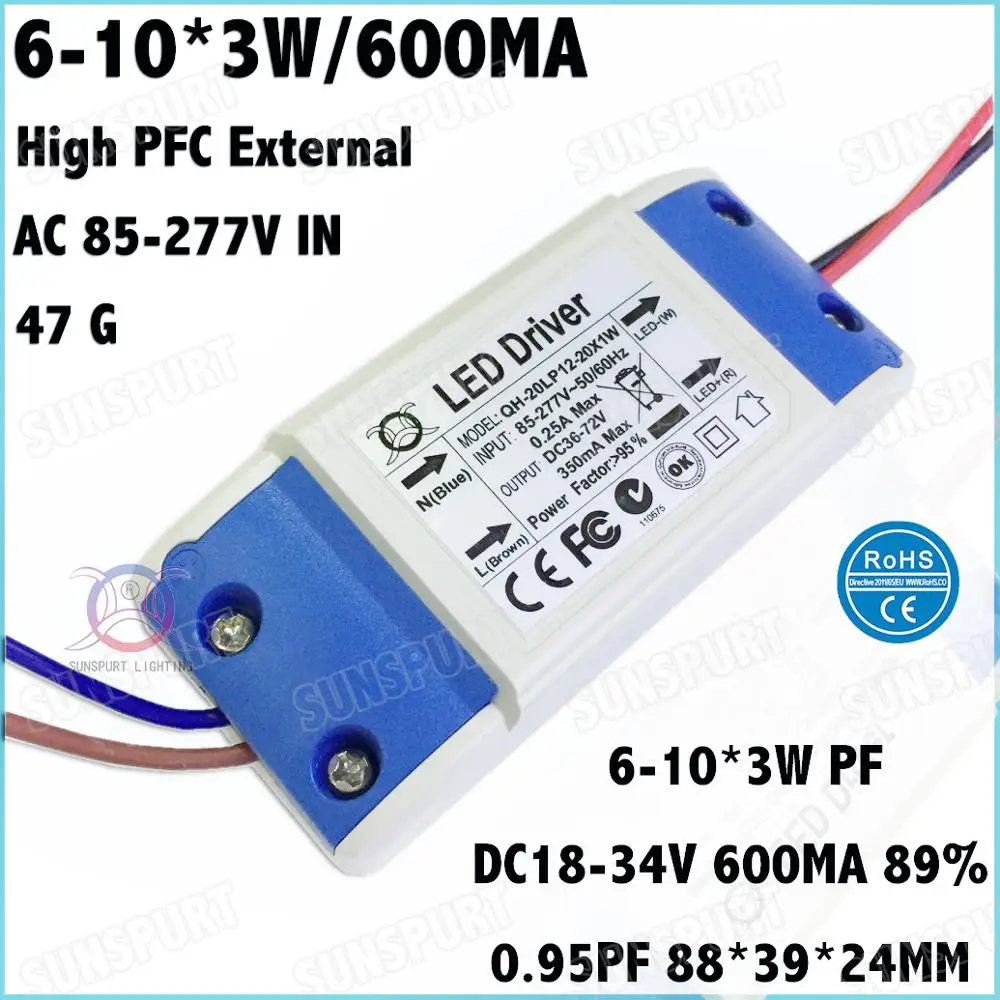 5-20 Pieces External High PF>0.95 20W AC85-277V LED Driver 6-10Cx3W 600mA DC18-34V Constant Current For Spotlights Free Shipping