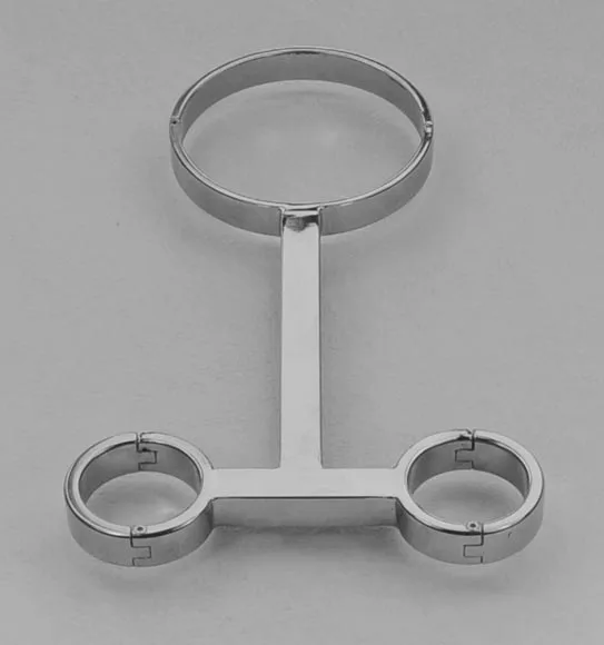 New BDSM Male Female Stainless Steel T Style Cangue Neck Ring Handcuff Manacle Wrist Restraint Bondage Yoke Pillory Sex Toy