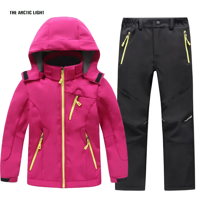 TRVLWEGO Herbst Kinder Camping Wandern Mantel Und Hose Set Kapuze Winter Student Winddicht Wasserdichte Outdoor Ski Jacke Hosen