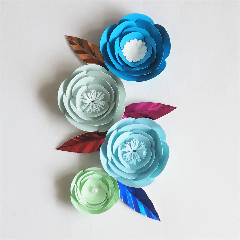 DIY Mini Paper Artificial Flowers Wedding Fleurs Artificielles Backdrop Artificial Rose 4PCS+4 Leave Party Decor Nursery Blue