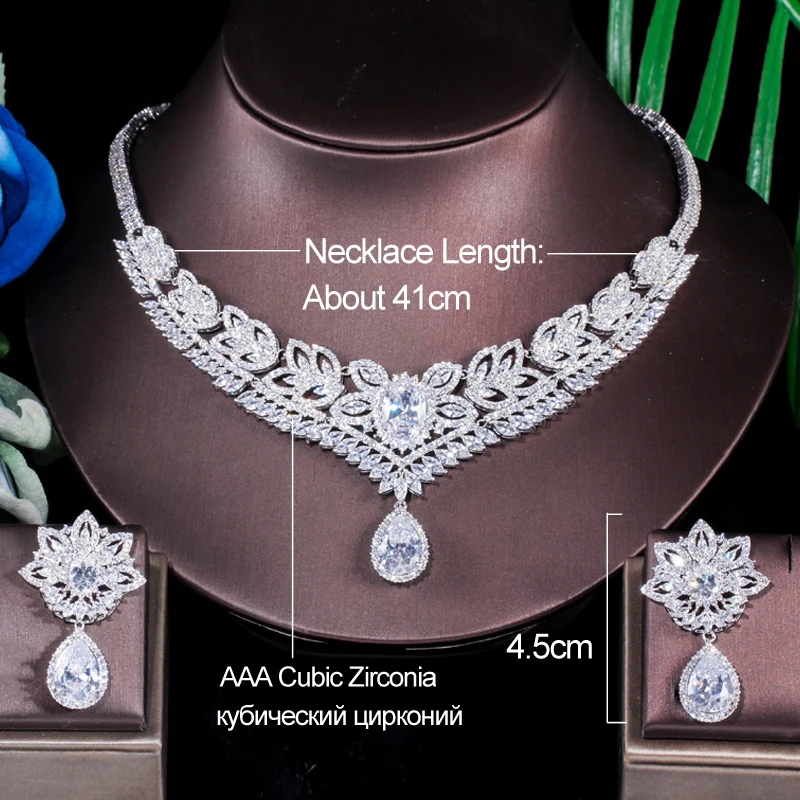 BeaQueen Luxury Dubai Dress Jewelry Water Drop Cubic Zirconia Paved Flower Statement Earrings Necklace Sets for Wedding JS186