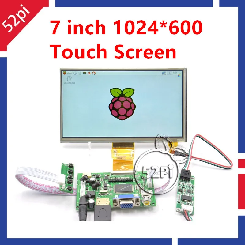 

52Pi 7 Inch 1024*600 TFT LCD Monitor Resistive Touch Screen + Driver Board HDMI VGA 2AV for Raspberry Pi 4 B All Platform/ PC