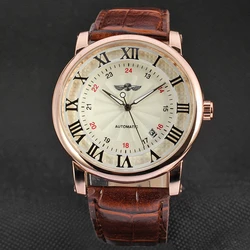 T-WINNER  Classic Men Women WatchesRose Golden Case Mechanical Auto Calendar Self Wind Reloj  Automatic Casual Leather Montre