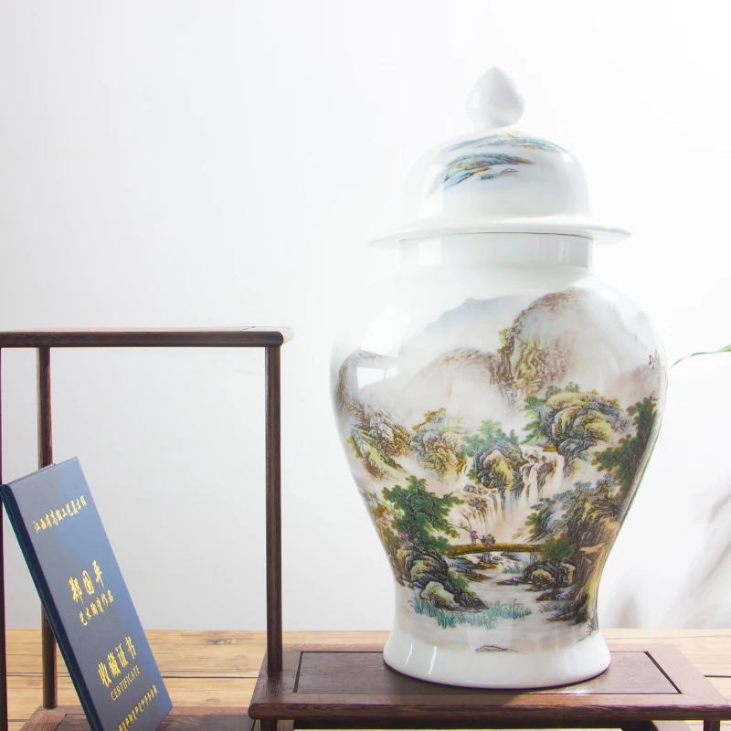 Chinese Style Antique Jingdezhen Porcelain Landscape Decoration Ginger Jar Tank Artistic Ornament