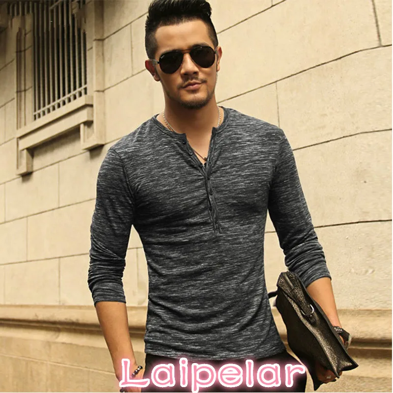 New Men Henley Shirt  new Tee Tops Long Sleeve Stylish Slim Fit T-shirt Button placket Casual men Outwears Popular Design