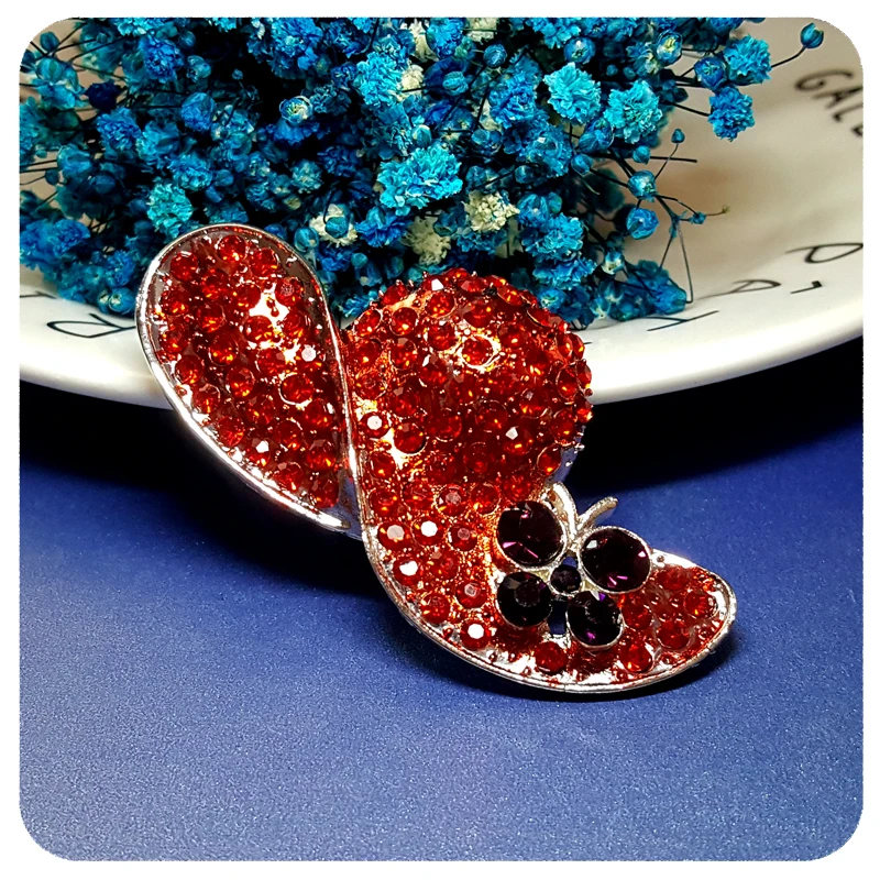 New Arrival Rhinestone Red Hat Brooch Pin with a Purple Butterfly