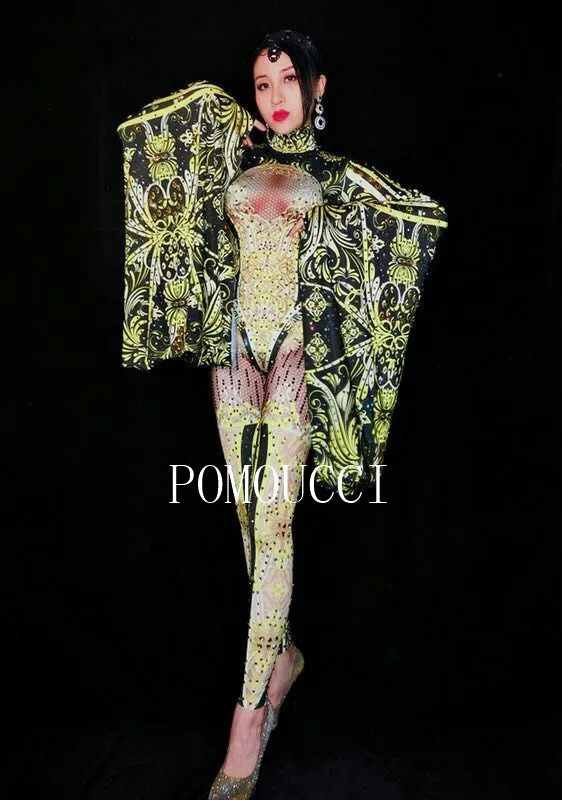 

2020 Women New Fashion Black Yellow Jumpsuit Outfit Women Celebrate Rhinestone Costume Female Singer Big Sleeves Bodysuit