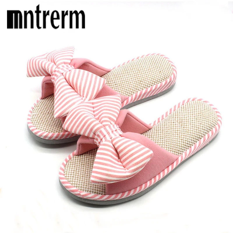 Mntrerm Hot Sale Spring And Autumn Bow House Slippers Women\'s Indoor Shoes Fashion Flax Home Slippers Lucy Refers To At Home