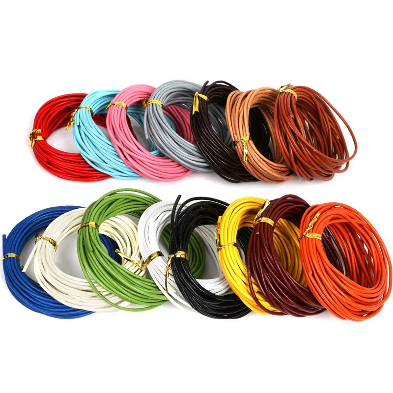 Wholesale  2mm 15 Color 5M Round Shaped Genuine Lether Hide Rope String Cord For Handmade Sewing Accessories