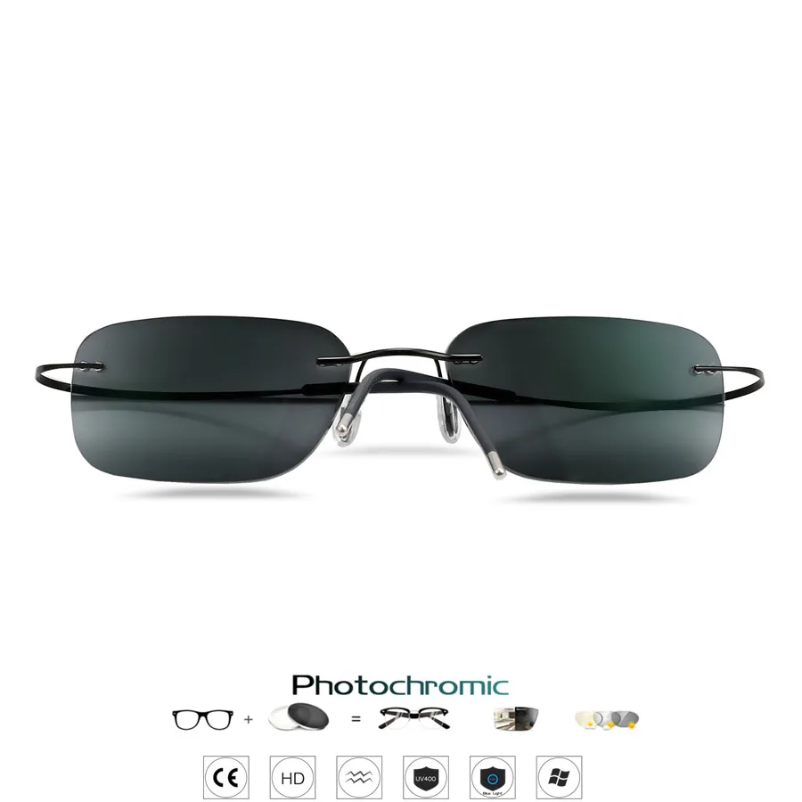 B Titan Randlose Lesebrille Photochrome Grau Sonnenbrille Männer der Frauen Im Freien Hyperopie Brillen 1,0 1,25 1,5 1,75 Linsen