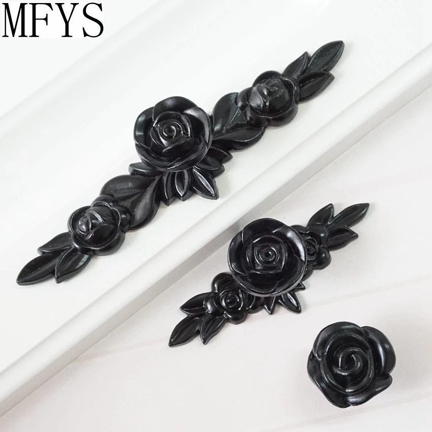 Black Rose Knobs Rustic Dresser Drawer Knobs Pulls Handles / Shabby Chic Kitchen Cabinet Door Knobs   Flower Back Plate Plates