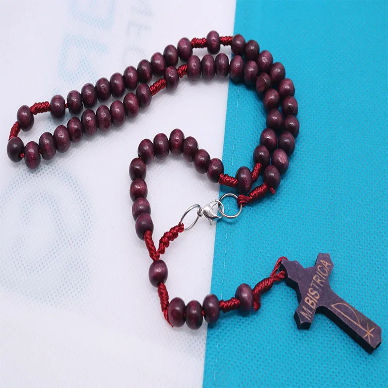 Natural Brown Wood Bead Line Rosary Necklace with Crucifix ST Benedict NR Holy Jerusalem Rosary Gift