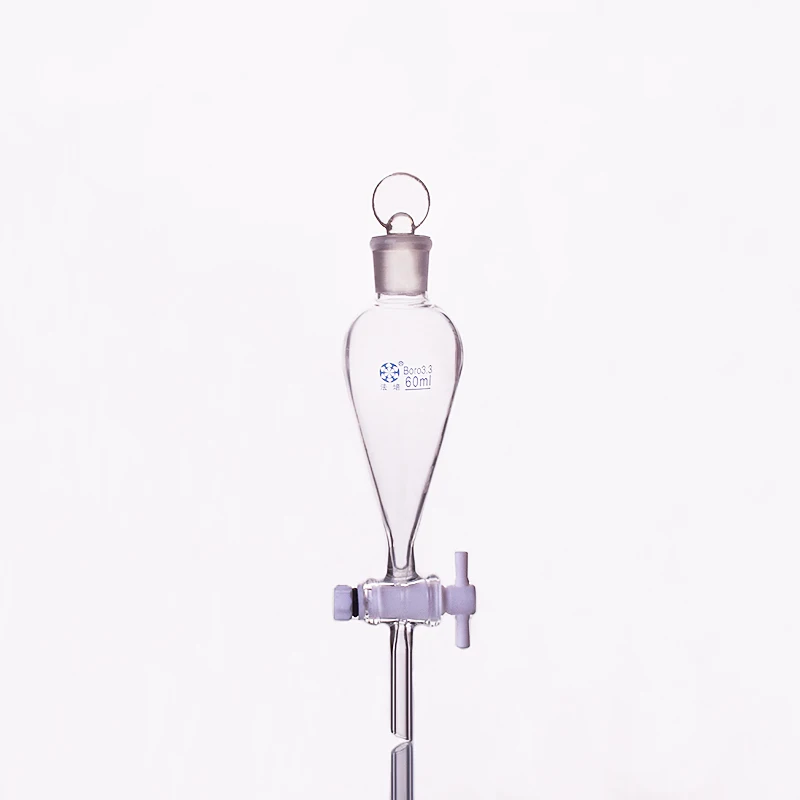 

Separatory funnel pear shape,with ground-in glass stopper and stopcock.Capacity 60ml,PTFE switch valve