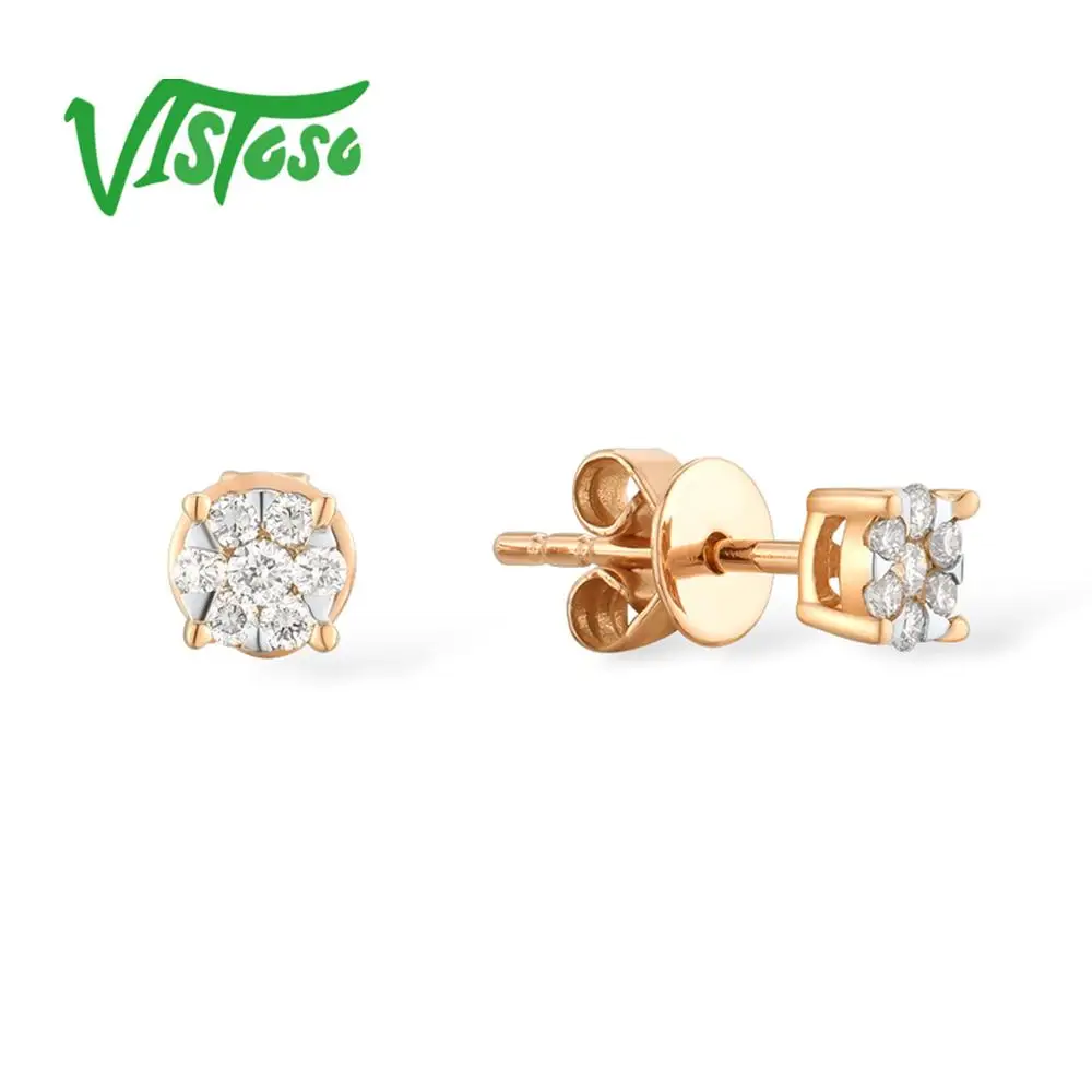 VISTOSO Gold Earrings For Women 14K 585 Rose Gold Sparkling Diamond Dainty Round Cirle Stud Earrings Fashion Trendy Fine Jewelry