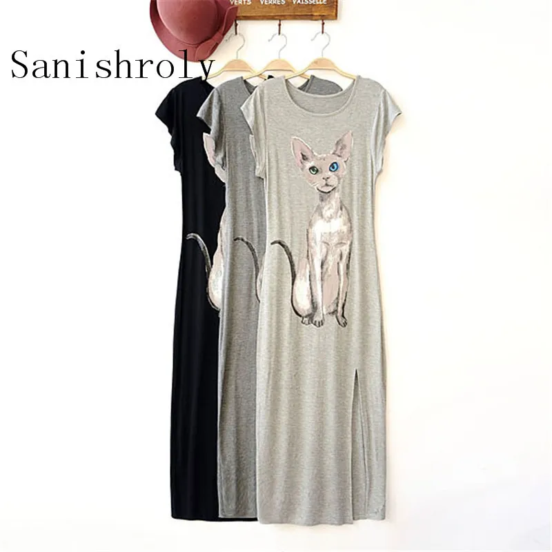 

Sanishroly 2018 Women Summer Long Maxi Dress Modal Cat Print Dresses Female Short Sleeve Split Boho Beach Dress Vestidos SE066