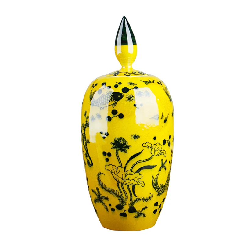 

Antique Jade Kylin Green Glaze Jar Tank Yellow Vase Flowers Hat-covered Ginger Jars Ornament Creative Gift