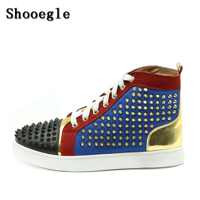 

SHOOEGLE Top Quality Patchwork Gold Rivets Men Shoes Fashion Spike Lace-up Shoes Men High-top Sneakers Shoes Man Size 38-47