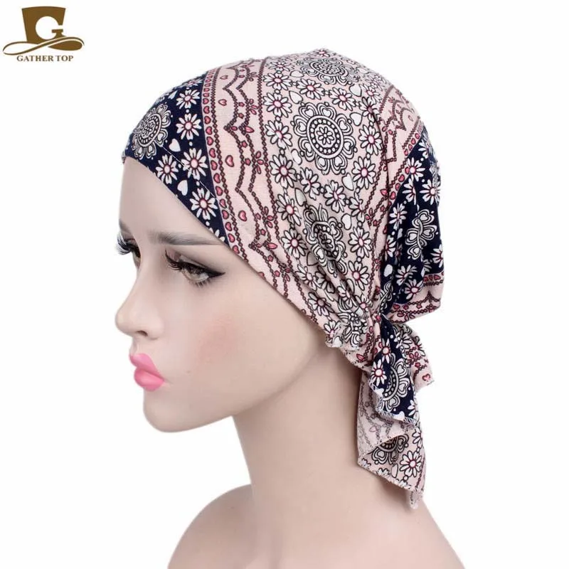 Lenço de cabeça de enrugamento macio feminino chapéu de quimio turbante pré-amarrado headwear bandana lenço tichel para capa de cabeça perda de