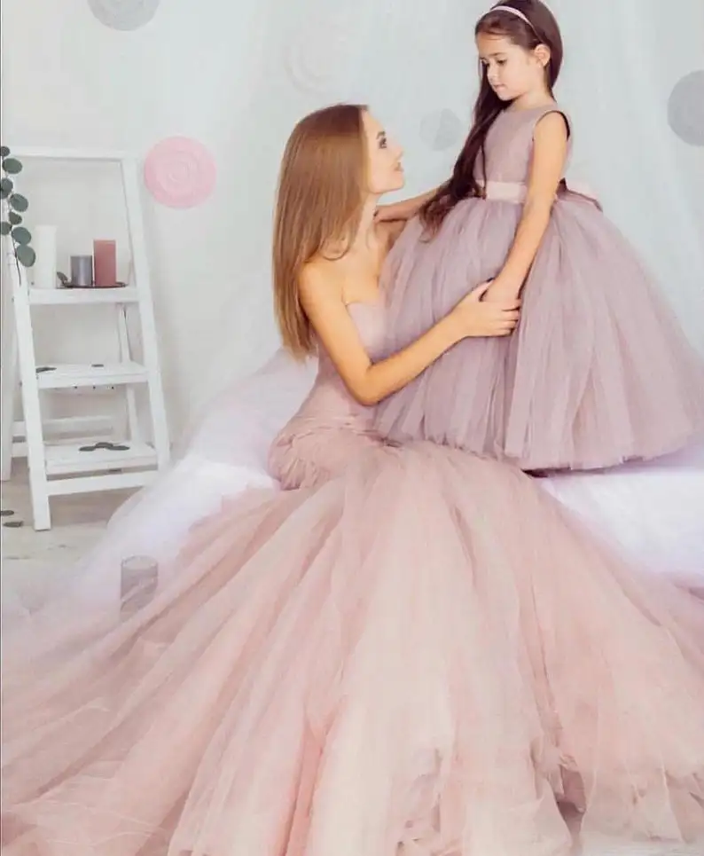 2021 princesa dusty rosa flor meninas vestidos longo filha mãe tule fotografia tiro sem mangas robe de soirée de mariage