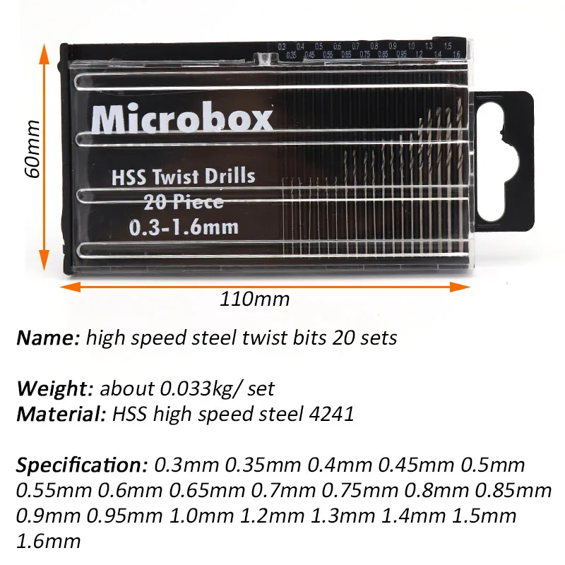 20pcs HSS Mini Micro Twist Drill Bit Set Diameter 0.3-1.6mm Model Craft With Case Repair Tools Tiny Parts