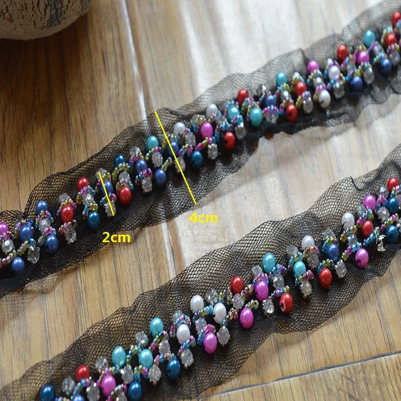 4Cm Width(2Yds/lot)Llack Mesh Color Beads  Embroidery DIY Lace Trim for Garments and Wedding Decoration-16082103