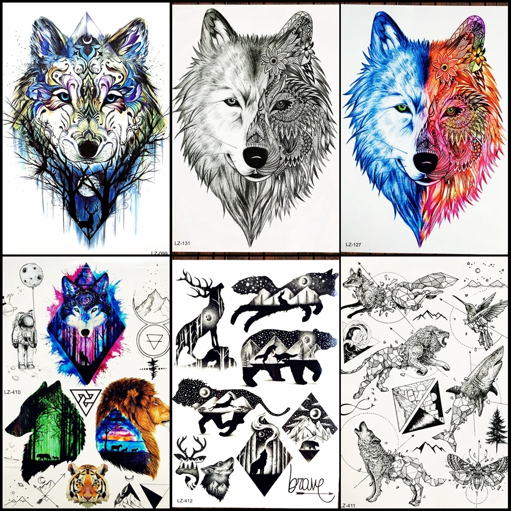 Sexy Black Tribal Wolf Men Chest Tattoo Stickers Women Temporary Tattoo Watercolor Planet Forest Waterproof Geometric Tatoos