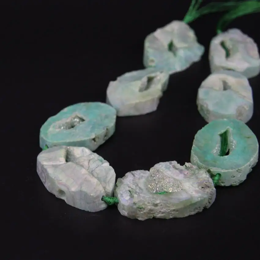 

15.5"/strand Large Green Raw Agates Quartz Geode Druzy Freeform Slab Nugget Beads,Natural Roug Drusy Slice Pendant Jewelry