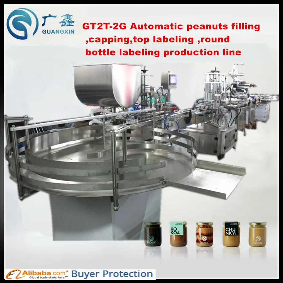 GT2T-2G التلقائي الفول السوداني ملء متوجا أعلى العلامات و roung زجاجة وصفها مع تغذية الجدول وجمع الجدول كله خط