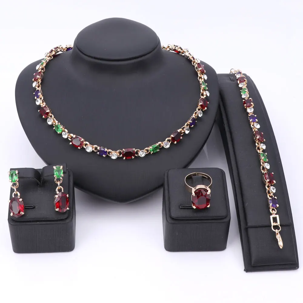 Arab Gold Color Jewelry Sets Dubai Bridal Costume Zircon Crystal Bracelet Earrings African Necklace Ring