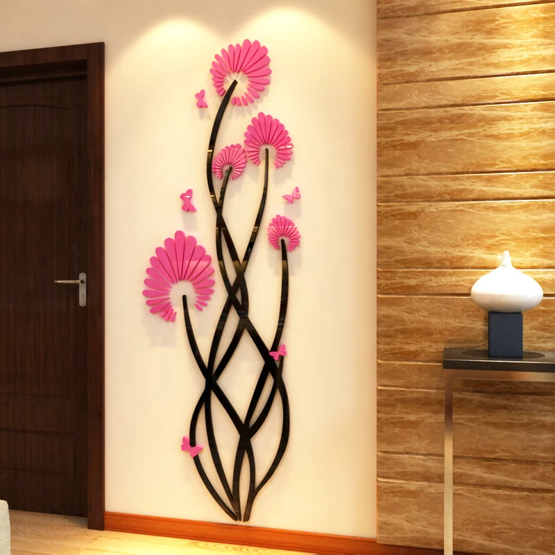 Creative Art flowers Acrylic wall stickers Living room DIY art wall decor stickers Entrance romantic mirror wall decoration