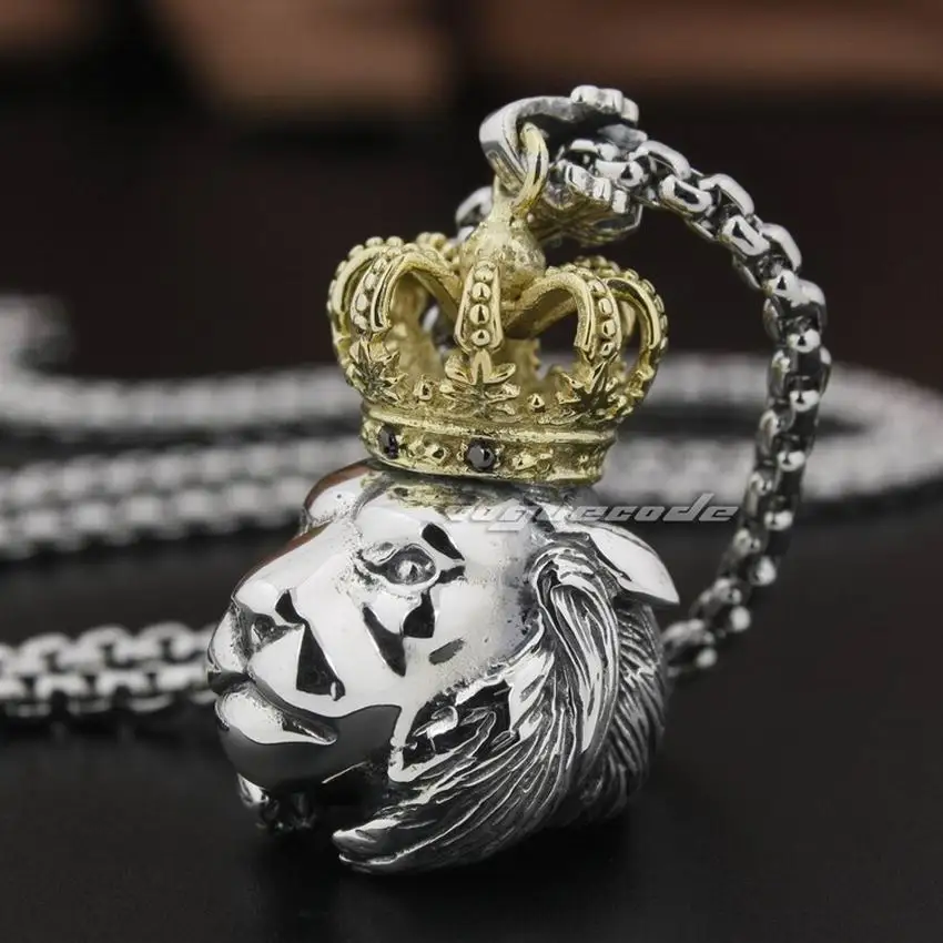 LINSION Brass Crown 925 Sterling Silver Guardians King Lion Mens Biker Rock Punk Pendant 8P005