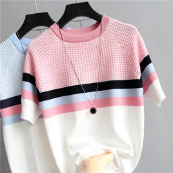 shintimes Plaid T-shirt With Stripes Women Tshirt Knitted Loose 2024 Summer ​Tops Korean T Shirt Woman Clothes Tee Shirt Femme