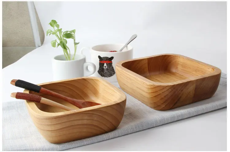 1PC Square Wooden Salad Bowl Large Rice Bowl Healthy Natural Soup Bowl Dessert Bowl Kitchen Tool Tableware Dinner MF 008