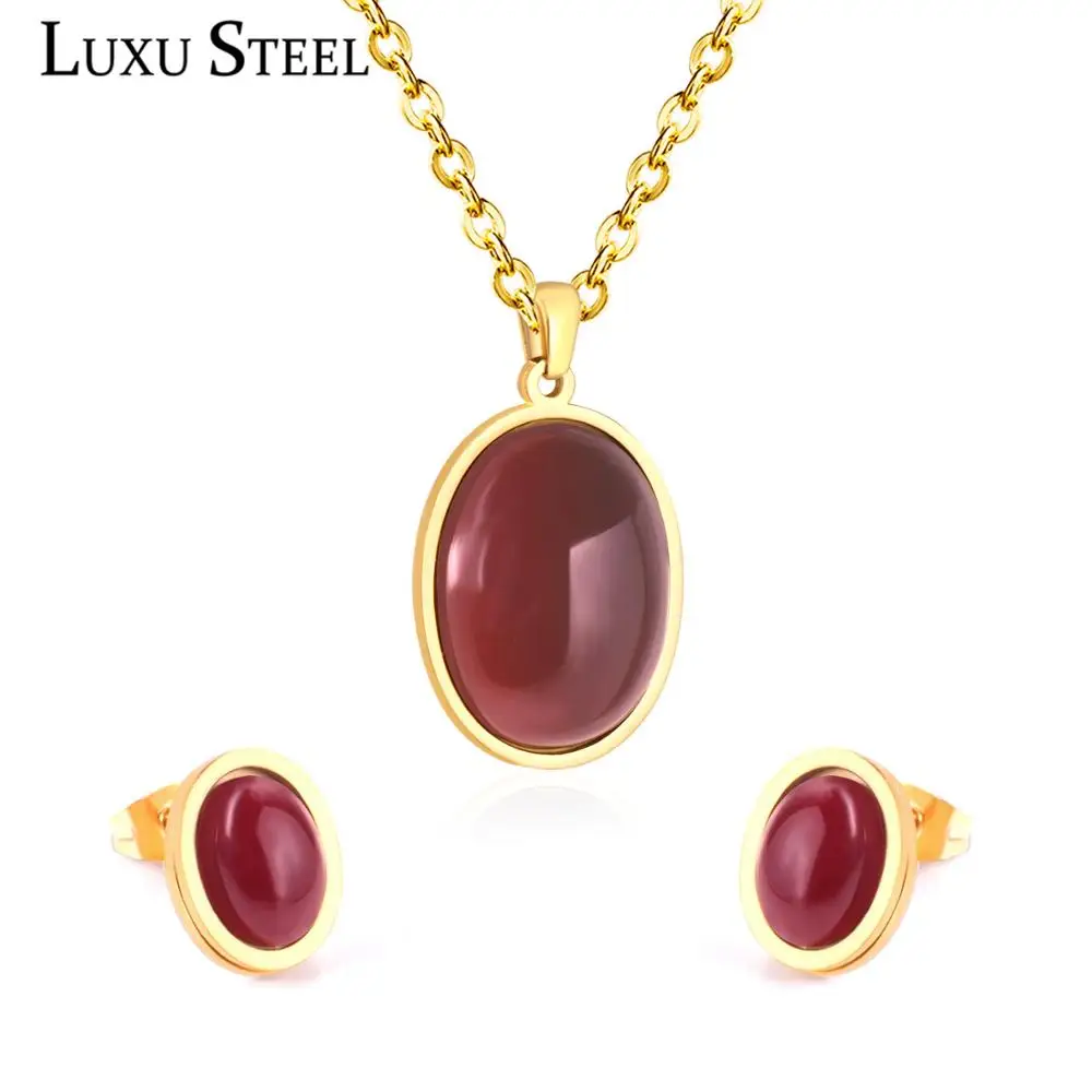 LUXUSTEEL Red Round Pendants Necklace Earring Sets 316L Stainless Steel Pendant Necklace For Women/Girl Party Bijoux 2020