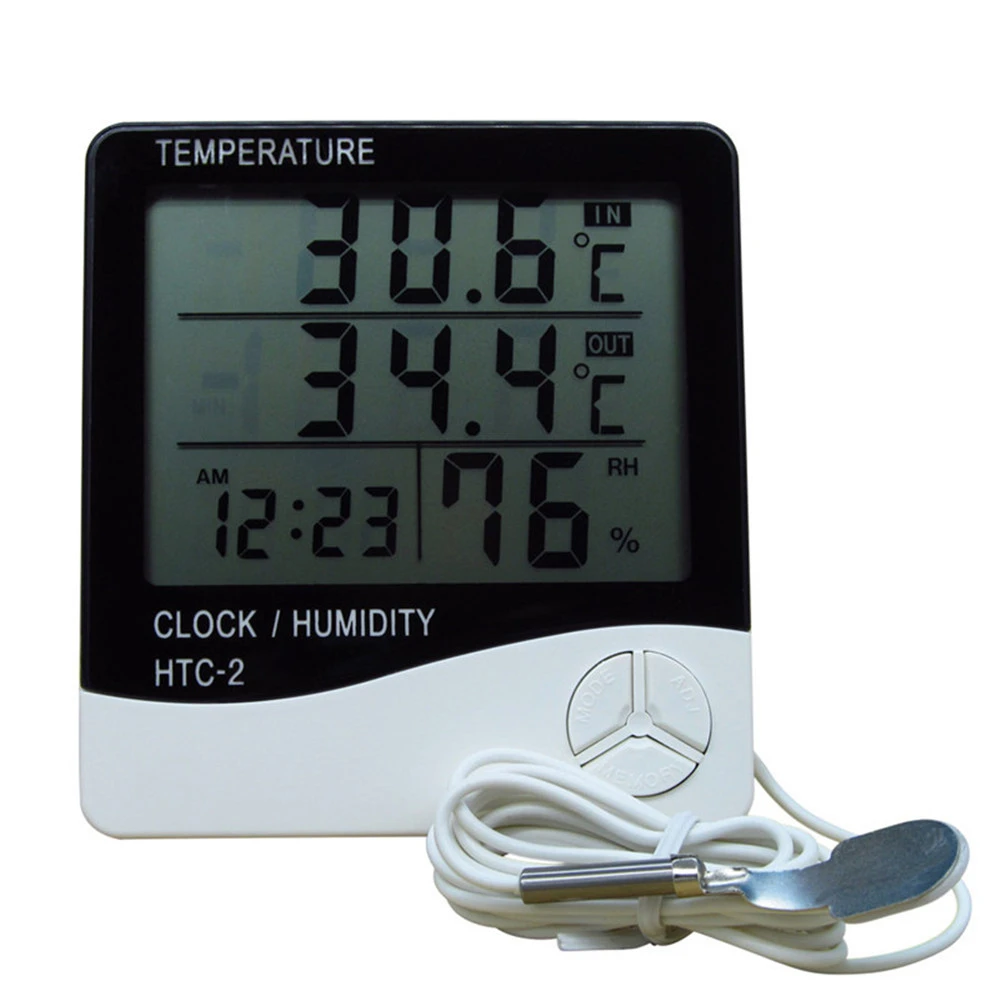 HTC-2 Digital LCD Thermometer Hygrometer Electronic Temperature Humidity Meter Weather Station Indoor Outdoor Clock