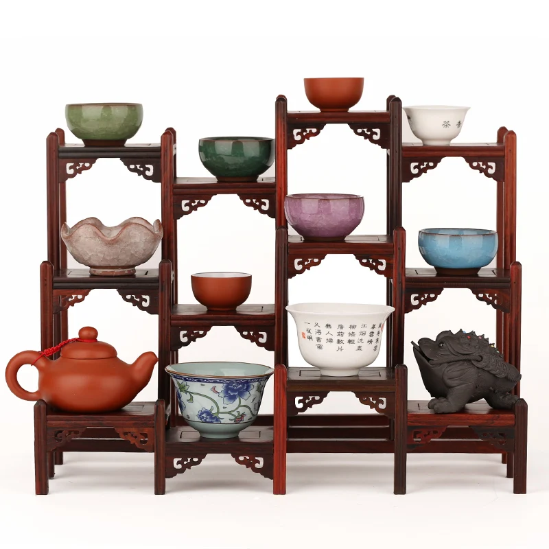 Rosewood large Taiwan before and after the three layer shelf curio ornaments Suanzhimu wood frame frame Chinese teapot tea